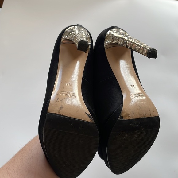 Miu Miu Black Satin Calzature Raso Open Toe Swarovski Crystal 4" Heels - Picture 6 of 9